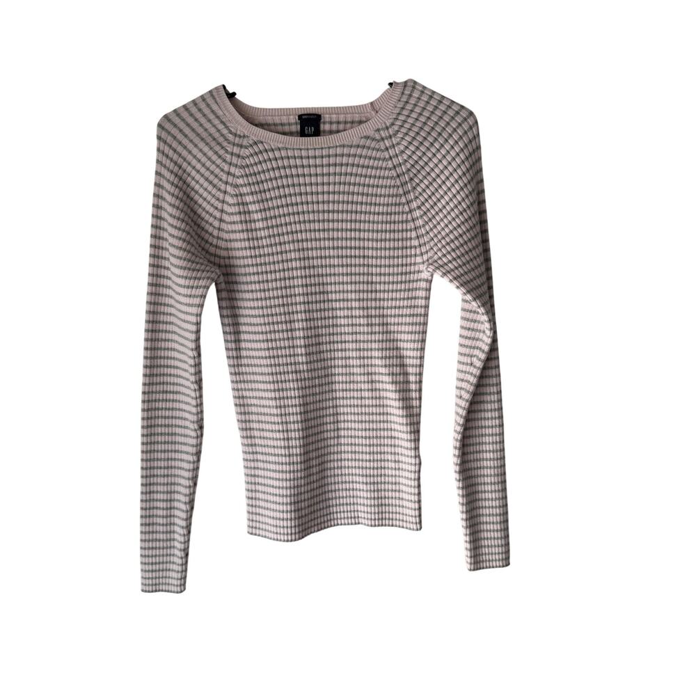 Gap Sweater Y2k Large Pink Gray Striped Stretch‎ Crewneck Long Sleeve Pullover